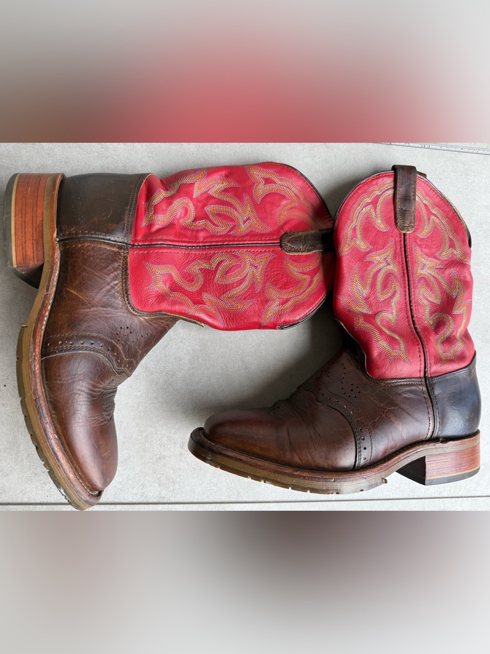 Double H Brown Leather Western Boots SZ 9with Red Embroidered Shaft square front